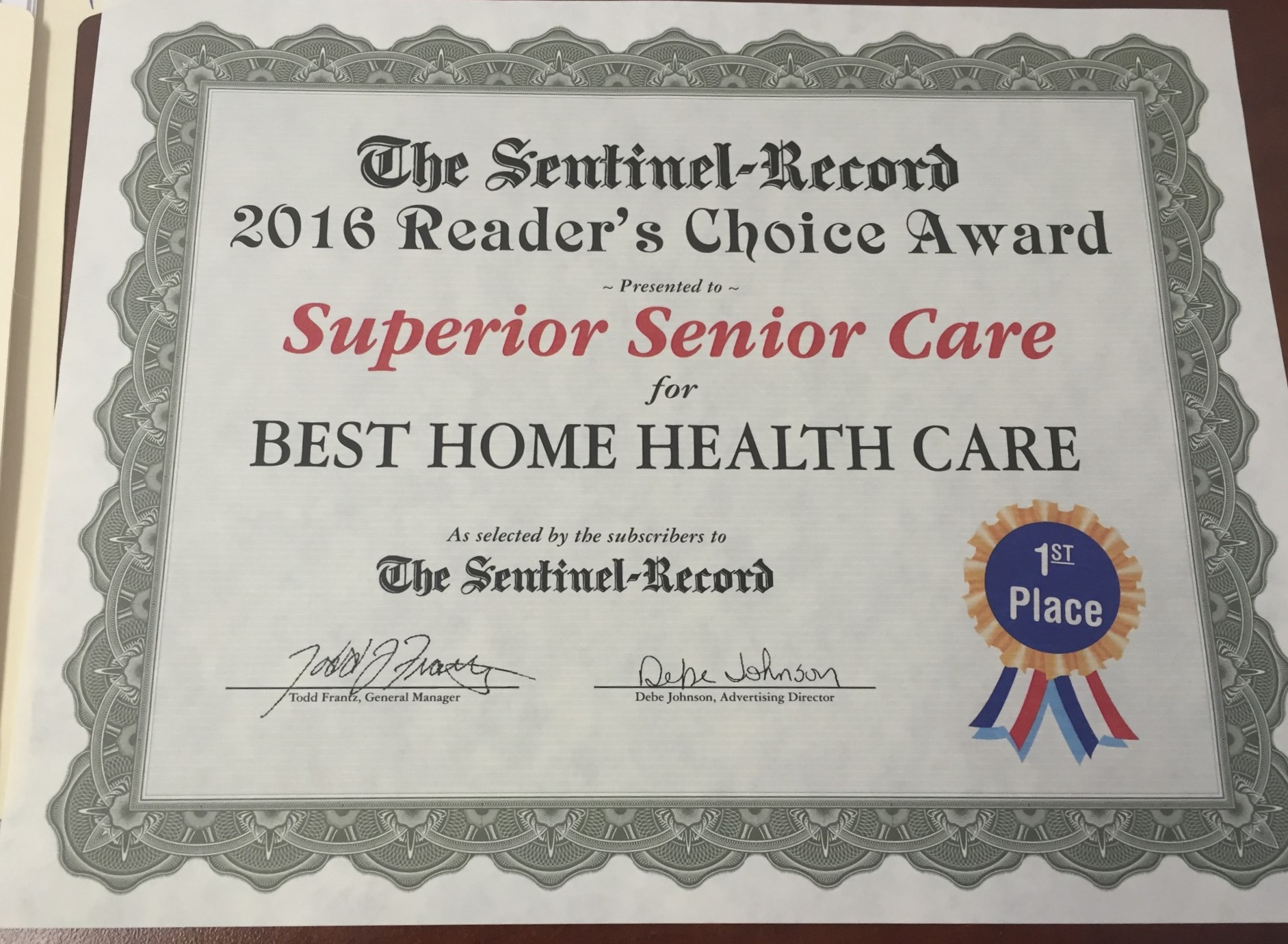 Best Hot Springs Home Care Award – 2016
