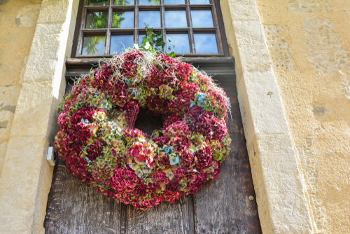 Hydrangea wreath on a wooden door