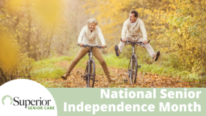 National Senior Independence Month. two seniors riding bikes demonstrating their senior independence